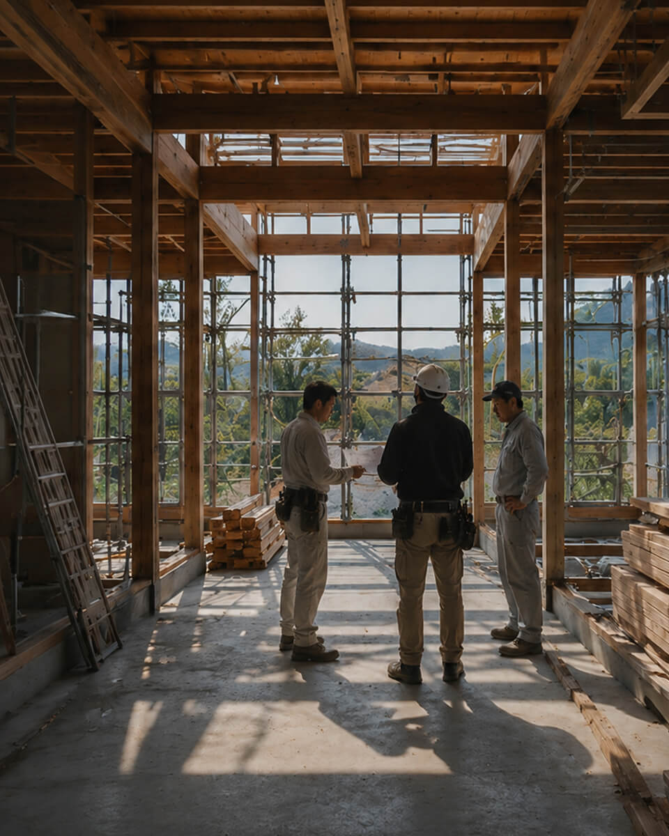 建築現場で打ち合わせをする様子